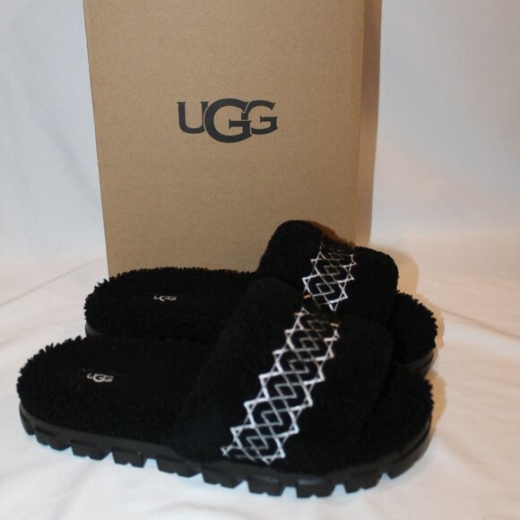 NIB UGG WOMEN'S COZETTA CURLY SHEARLING BRAID‎ SLIPPERS BLACK - Picture 1 of 6
